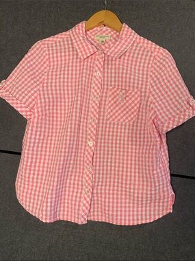 Appleseed's Pink Gingham Short-Sleeve Button Front Blouse